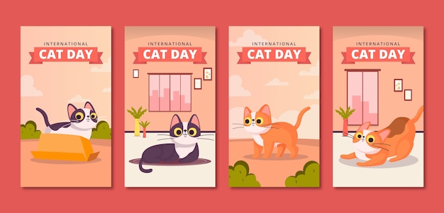 Free vector flat international cat day instagram stories collection