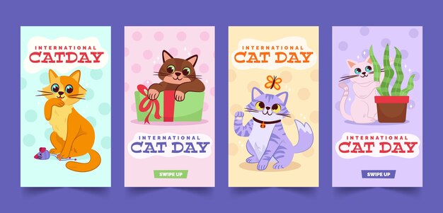 Flat international cat day instagram stories collection