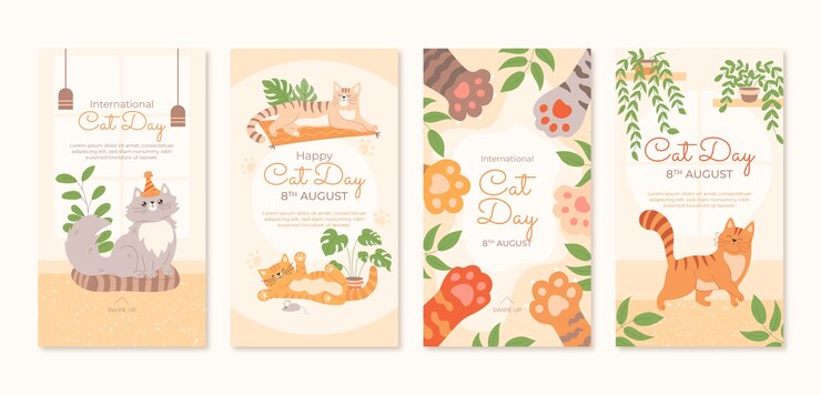 Free Vector flat international cat day instagram stories collection
