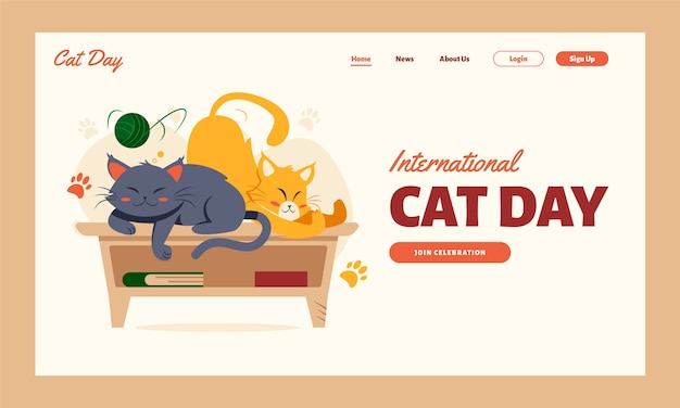 Free vector flat international cat day landing page template