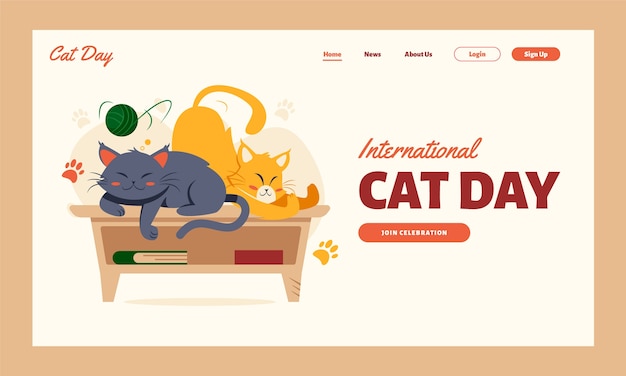 Flat international cat day landing page template