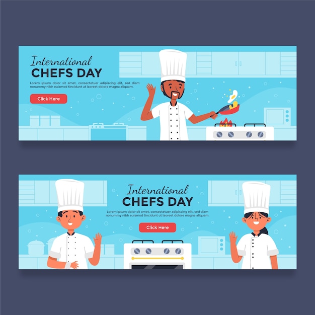 Flat international chefs day horizontal banners set