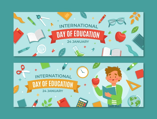 Flat international day of education horizontal banners set