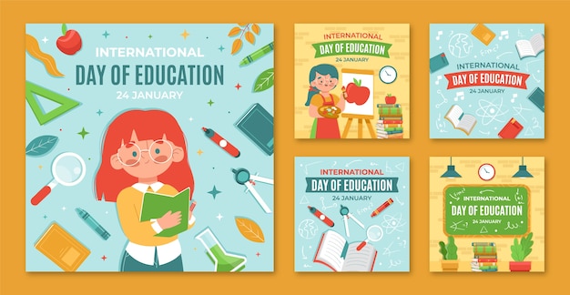 Free vector flat international day of education instagram posts collection