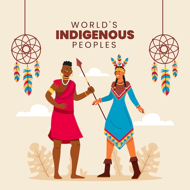 Vettore gratuito giornata internazionale piatta dell'illustrazione dei popoli indigeni del mondo con gli indigeni