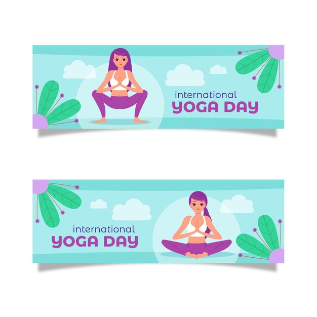 Flat international day of yoga banners set