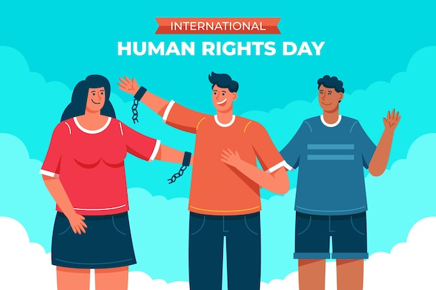 Flat international human rights day illustration with people with broken chain cuffs