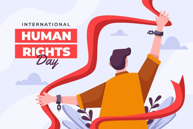 Flat international human rights day illustration with person in broken handcuffs