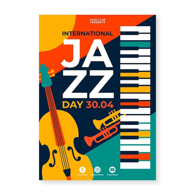 Vettore gratuito modello di poster piatto giornata internazionale del jazz