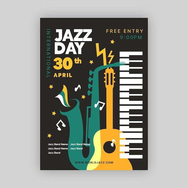 Vettore gratuito modello di poster piatto giornata internazionale del jazz