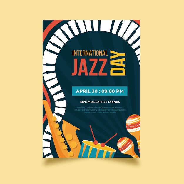 Vettore gratuito modello di poster piatto giornata internazionale del jazz