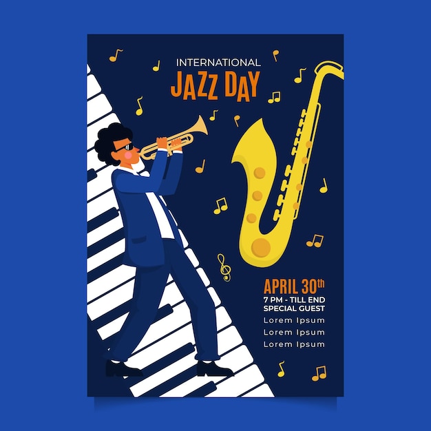 Vettore gratuito modello di poster piatto giornata internazionale del jazz