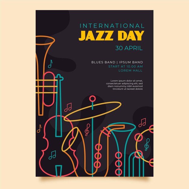 Плоский шаблон вертикального плаката международного дня джаза