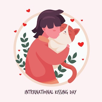여자와 고양이와 평면 국제 키스의 날 그림