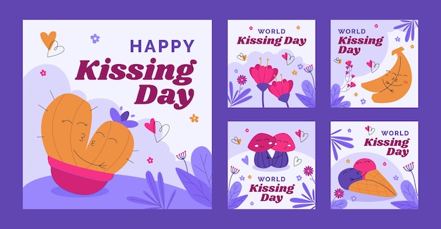 Бесплатное векторное изображение Международный день плоских поцелуев коллекция постов в инстаграме.