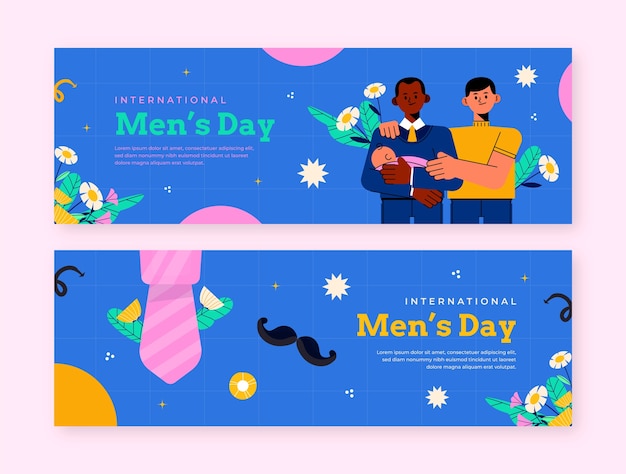 Плоский международный мужской день горизонтальные баннеры набор