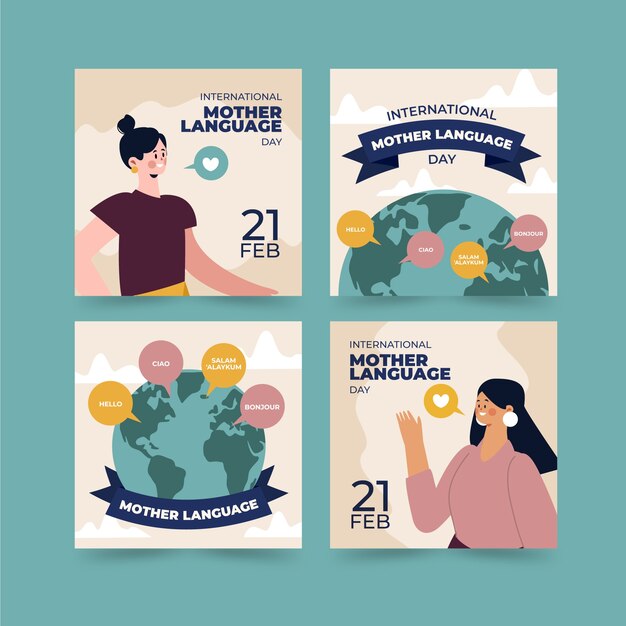 Free vector flat international mother language day instagram posts collection