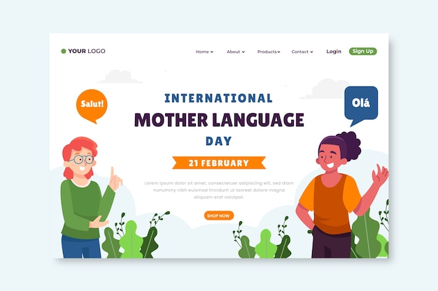 Flat international mother language day landing page template