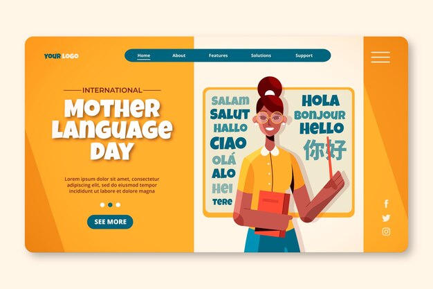 Плоский шаблон целевой страницы международного дня родного языка