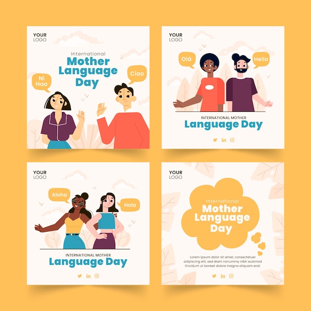 Free vector flat international mother language day social media posts collection