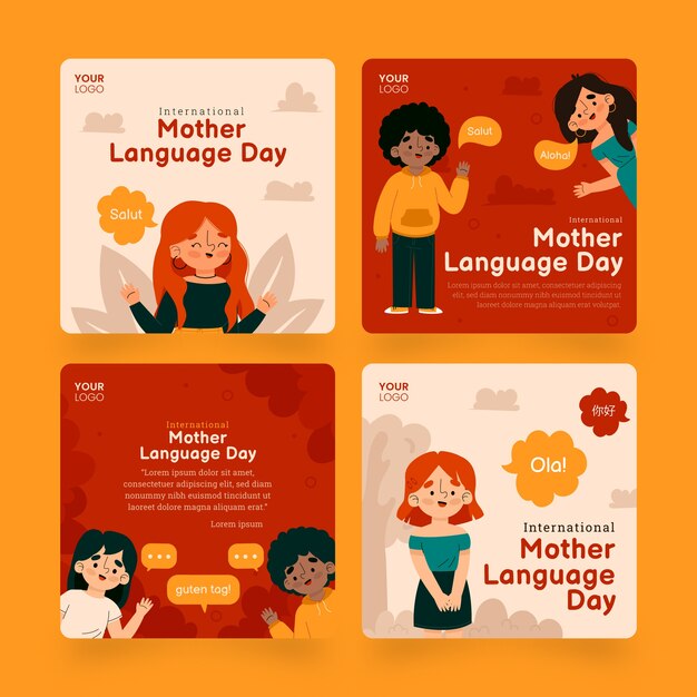 Flat international mother language day social media posts collection