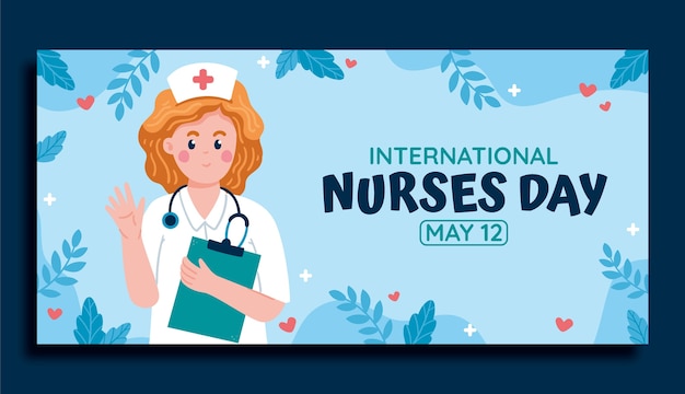 Vettore gratuito modello di banner orizzontale piatto giornata internazionale degli infermieri