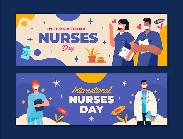 Flat international nurses day horizontal banners pack