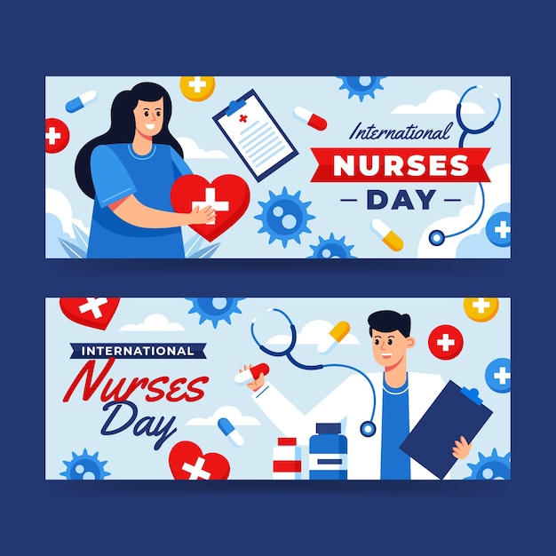 Flat international nurses day horizontal banners pack