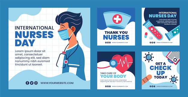 Vettore gratuito collezione di post instagram per la giornata internazionale degli infermieri piatti