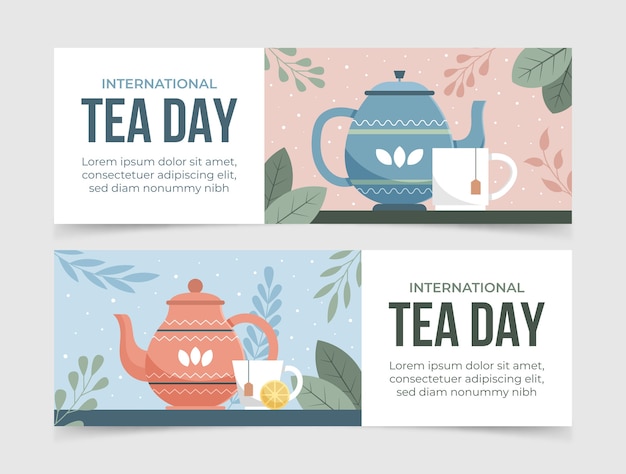 Flat international tea day horizontal banners pack