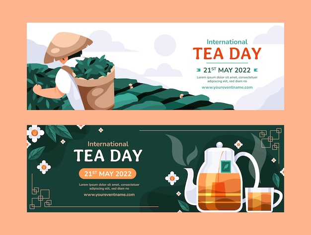 Flat international tea day horizontal banners pack