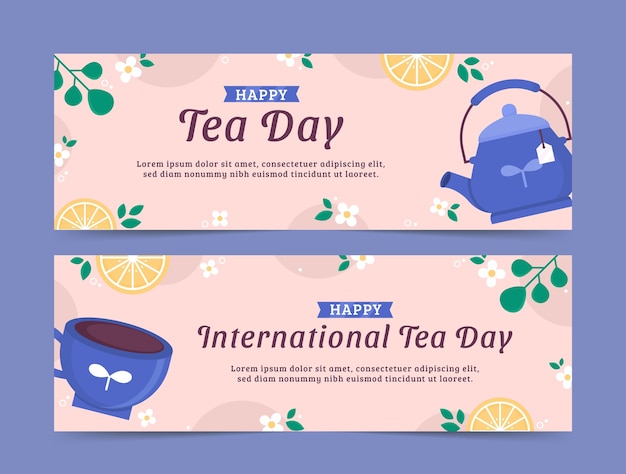 Flat international tea day horizontal banners pack