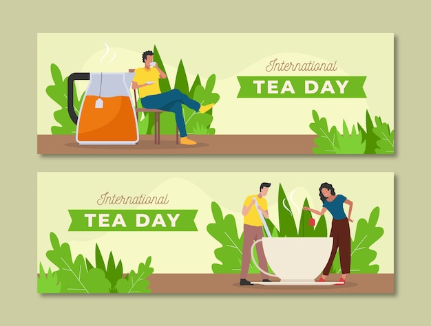 Flat international tea day horizontal banners pack