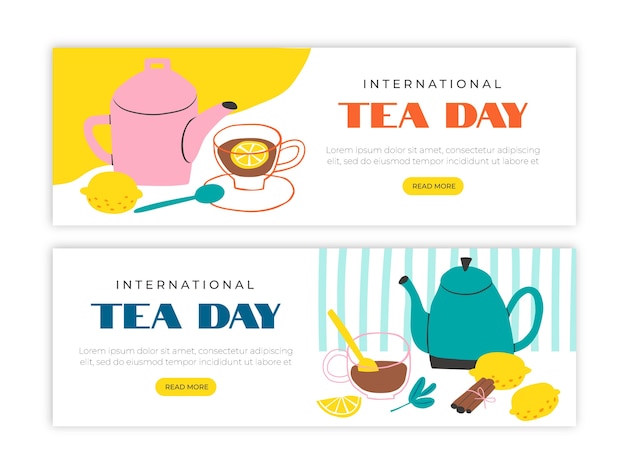Vettore gratuito pacchetto banner orizzontale piatto giornata internazionale del tè