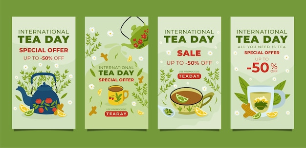 Vettore gratuito collezione di storie di instagram per la giornata internazionale del tè piatta