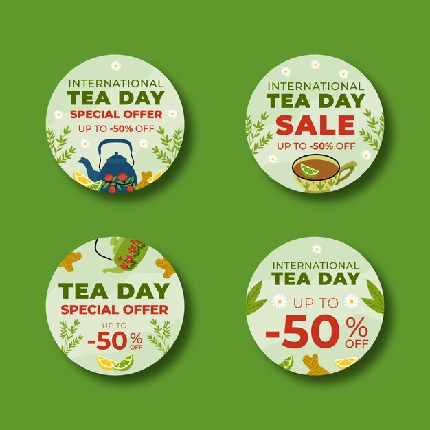 Flat international tea day sale labels collection