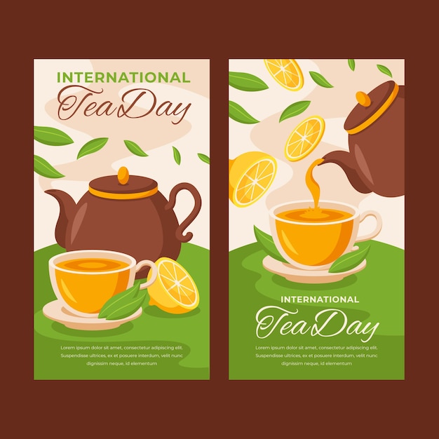 Flat international tea day vertical banners pack