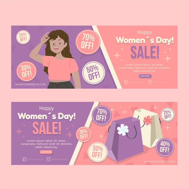 Free vector flat international women's day horizontal sale banners set