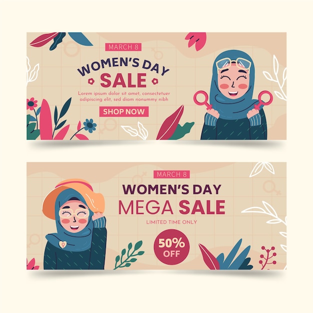 Flat international women's day horizontal sale banners set