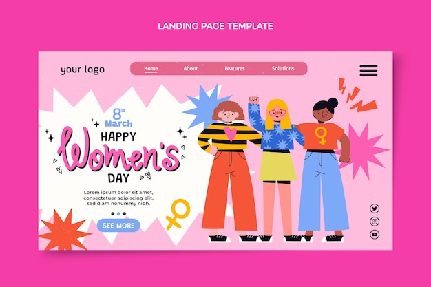 Бесплатное векторное изображение Плоский шаблон целевой страницы международного женского дня