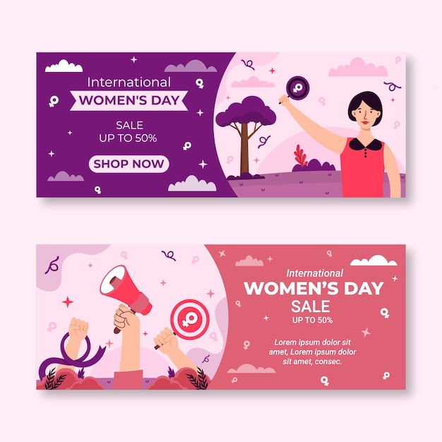 Бесплатное векторное изображение Плоский международный женский день распродажа горизонтальных баннеров набор