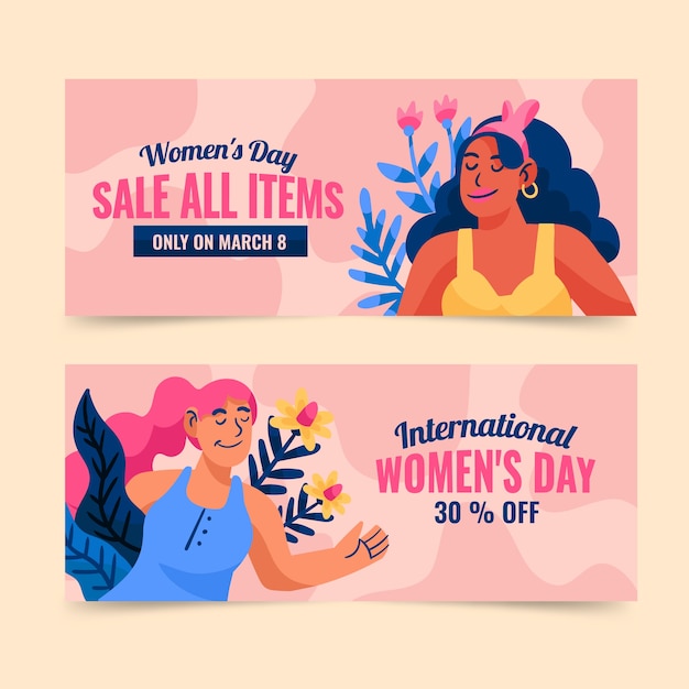 Vettore gratuito set di banner orizzontali piatti per la vendita della festa della donna internazionale