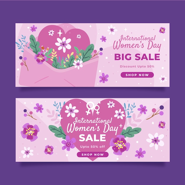 Flat international women's day sale horizontal banners set