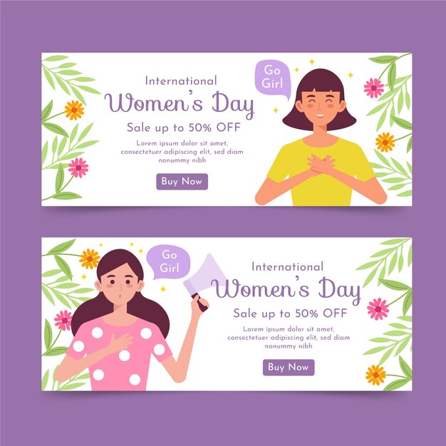 Flat international women's day sale horizontal banners set