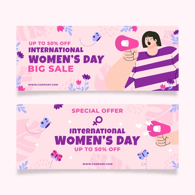 Flat international women's day sale horizontal banners set