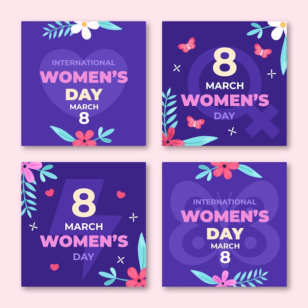 Free vector flat international women's day social media posts collection