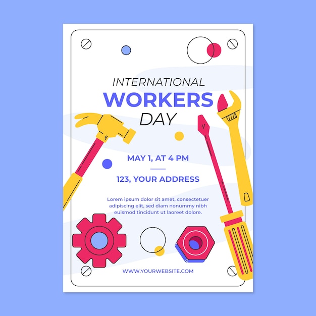 평면 국제 노동자의 날 세로 포스터 템플릿