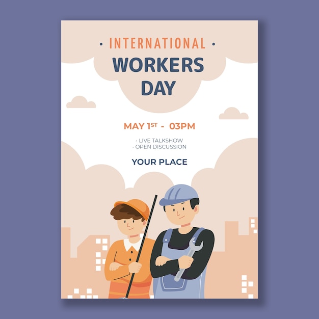 평면 국제 노동자의 날 세로 포스터 템플릿
