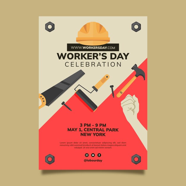 Vettore gratuito modello di poster verticale piatto giornata internazionale dei lavoratori