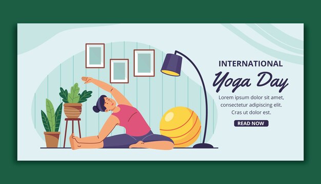 Vettore gratuito modello di banner orizzontale piatto giornata internazionale di yoga con persona che fa yoga